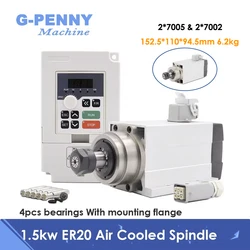 G-Penny 110v/220v 1.5kw ER20 Square With Flange Air Cooled Spindle Motor Fan Cooling 4pcs P4 Bearings & 1.5kw Frequency Drive