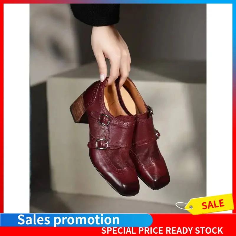 Vintage Women Double Buckle Monk Shoes 5cm Wooden Block Heel Soft Calfskin Leather Retro Brogue Casual Office Shoes Black F25