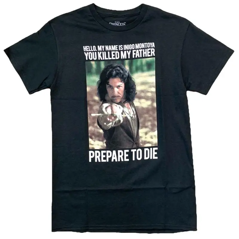 La princesa novia Inigo Montoya preparar a morir camiseta divertida tamaño pequeño negro