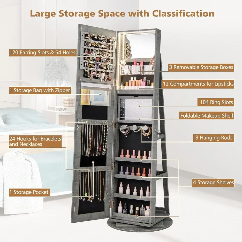 Stone Gray Lockable Jewelry Armoire with Full Length Mirror, Swivel Design, Interior Vanity Mirror, 3-Color Lights, and Rear Sto