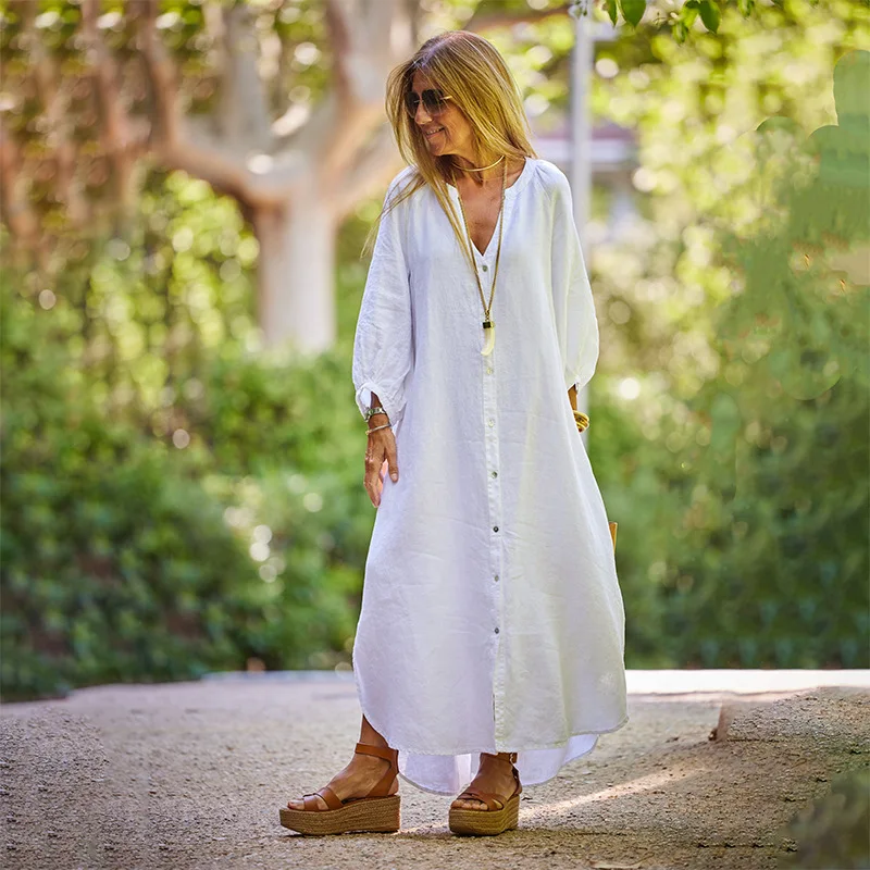 Women's Elegant Maxi Shirt Dress Cotton Linen A-line Button V Neck Long Sleeve White Dress Basic Casual Daily Vacation