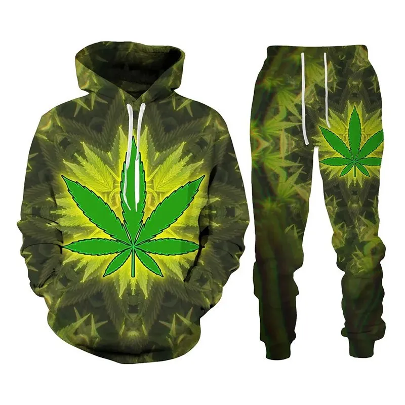 Colorful Maple Leaf Hooded Sweatshirts 3D Printed Hoodie Trouser Tracksuit Suit Men Casual Pullover Sweatshirt Set Men clothing