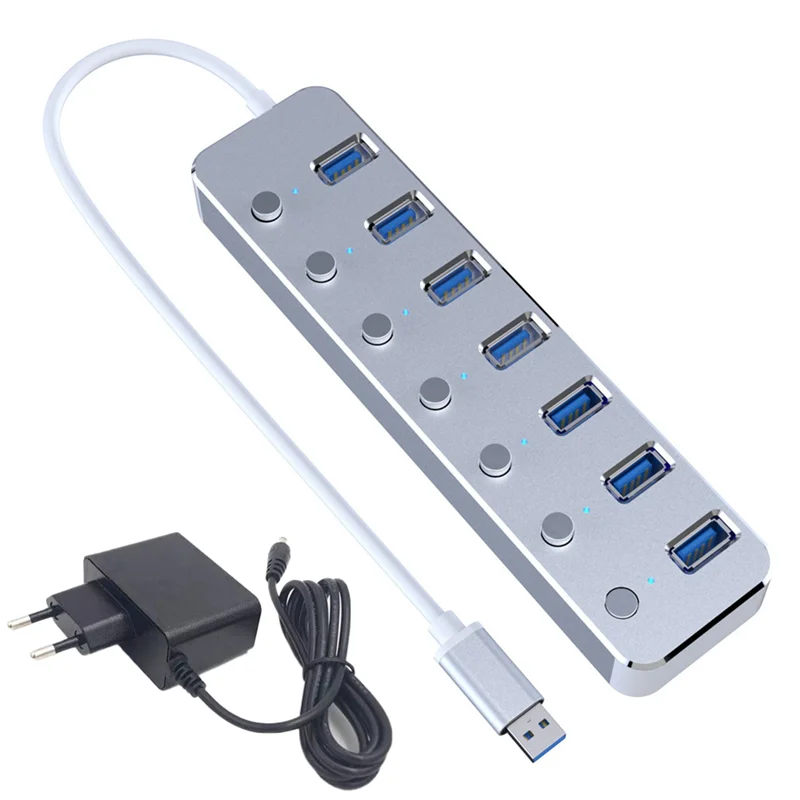 

USB 3.0 Power Adapter 7 Ports Aluminum Alloy Splitter Hub USB Hub 3.0 USB Multi Extender Switch 1.2M Cable Hub EU Plug A