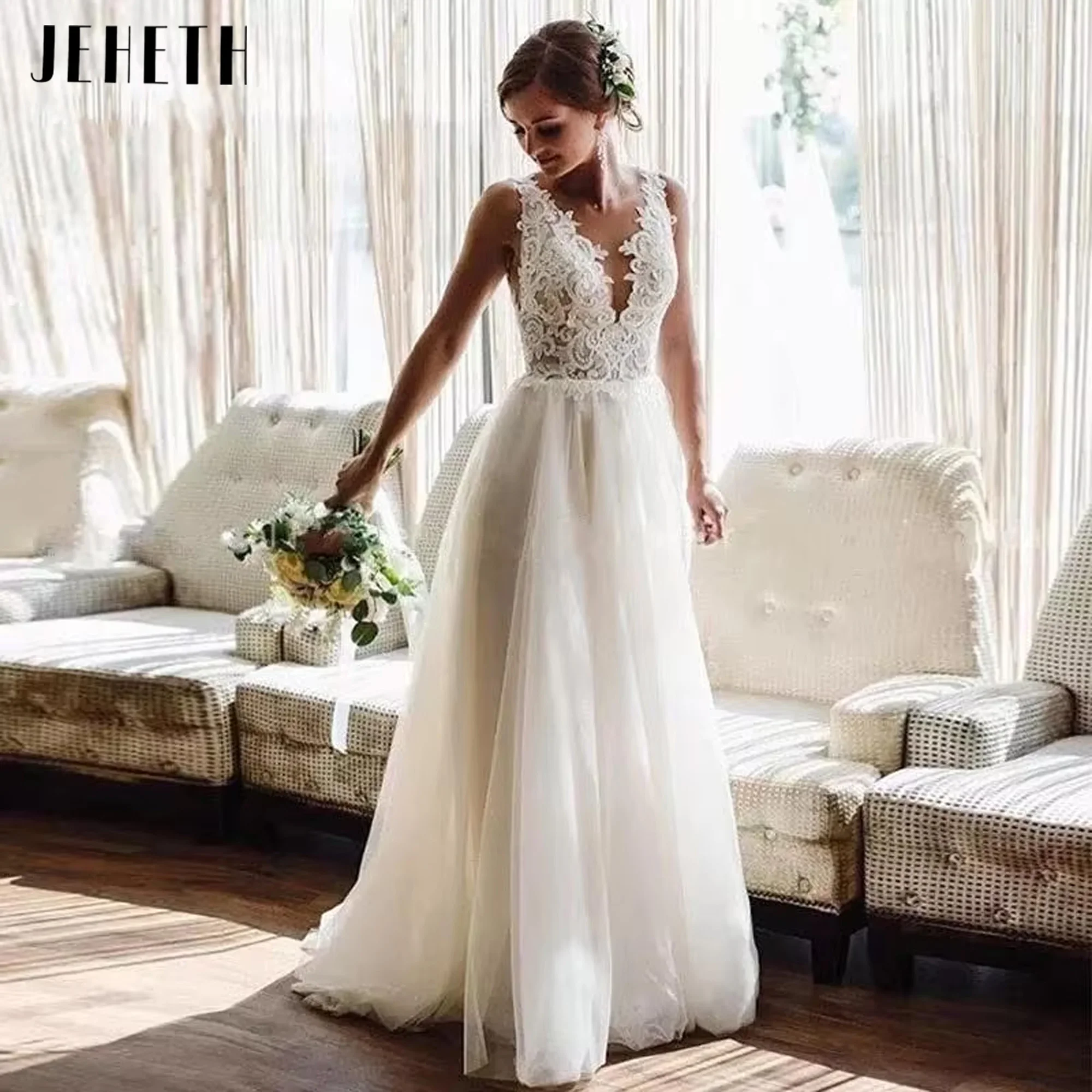 

JEHETH Plus Size Elegant A-Line Beach Wedding Dresses V-Neck Lace Appliques Bride Dress Low Back Tulle Wedding Gowns Customized