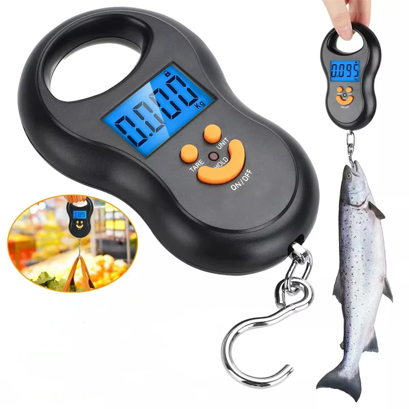 ميزان إلكتروني 50 كجم 10 جرام مقياس معلق LCD المطبخ الرقمي الخلفية أوزان الصيد مقياس الجيب موازين أمتعة السفر