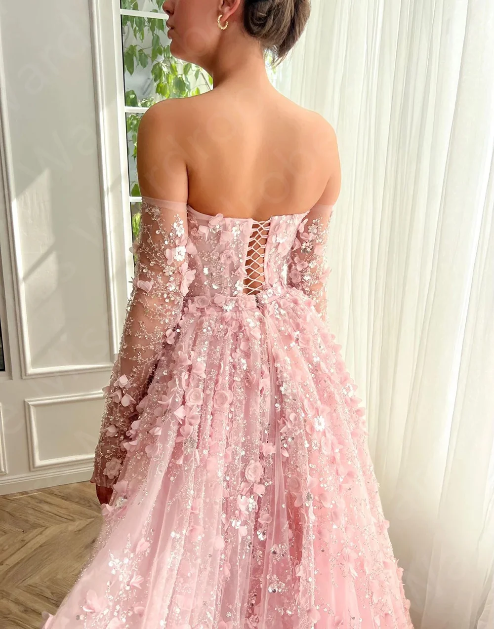 Exquisite Pink Evening Dresses Lace 2024 Prom Party Gowns Off Shoulder Sleeve Strapless Sequined Wedding Guest Dress Flowers