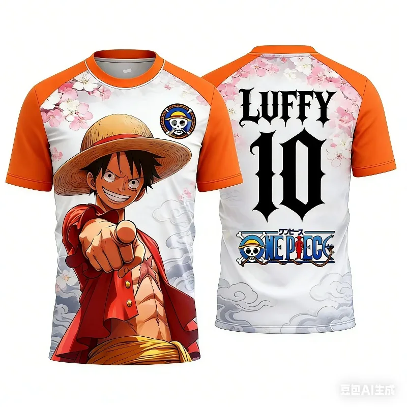 

Luffy jersey 3D printed character pattern T-shirt, casual woven top, quick drying round neck short sleeved shirt