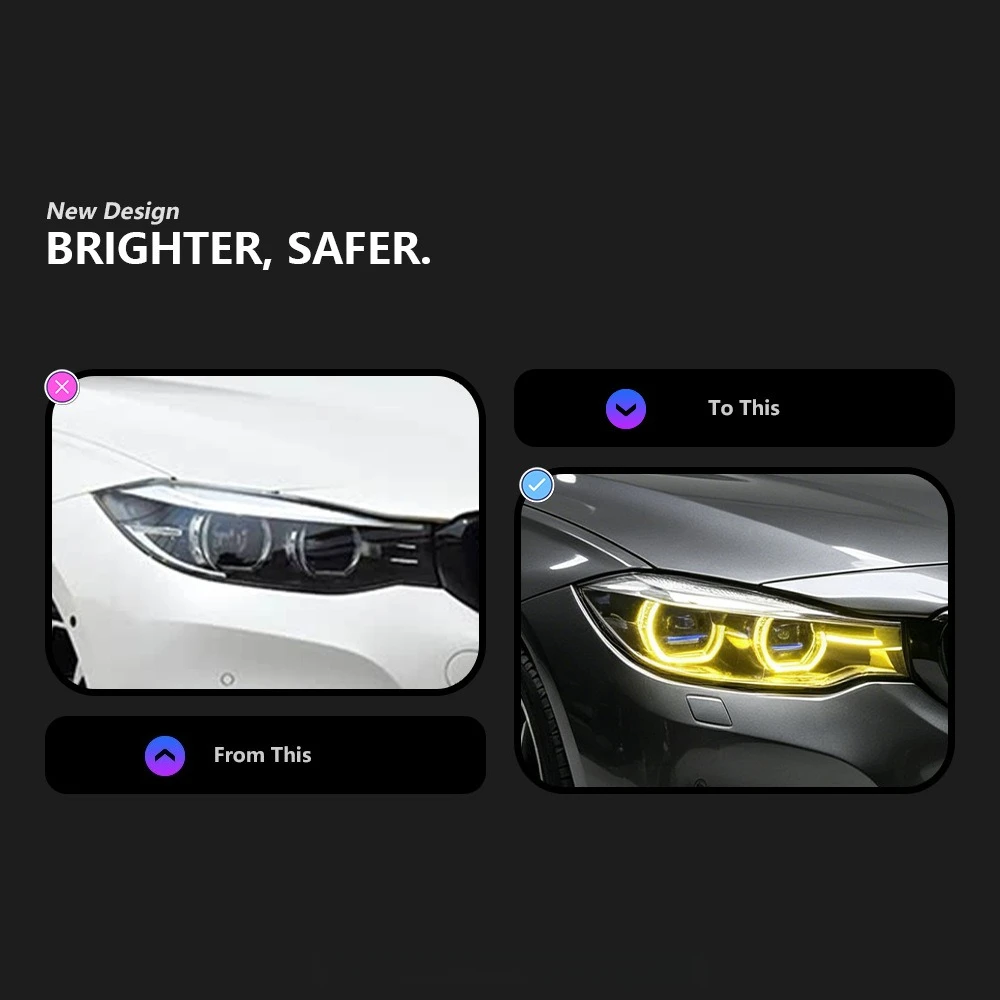 Headlight Assembly, Dual Color Angel Eyes, Golden Eye Laser Lens, for BMW 3 Series 2013-2019, F30 F34, LED Upgrade Kit