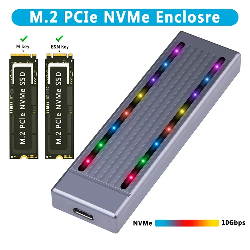 

M2 SSD Case with RGB LED NVMe M Key USB 3.2 Type C Gen2 10Gbps Enclosure CNC Aluminum Alloy for 2230 2242 2260 2280 M.2 NVME SSD