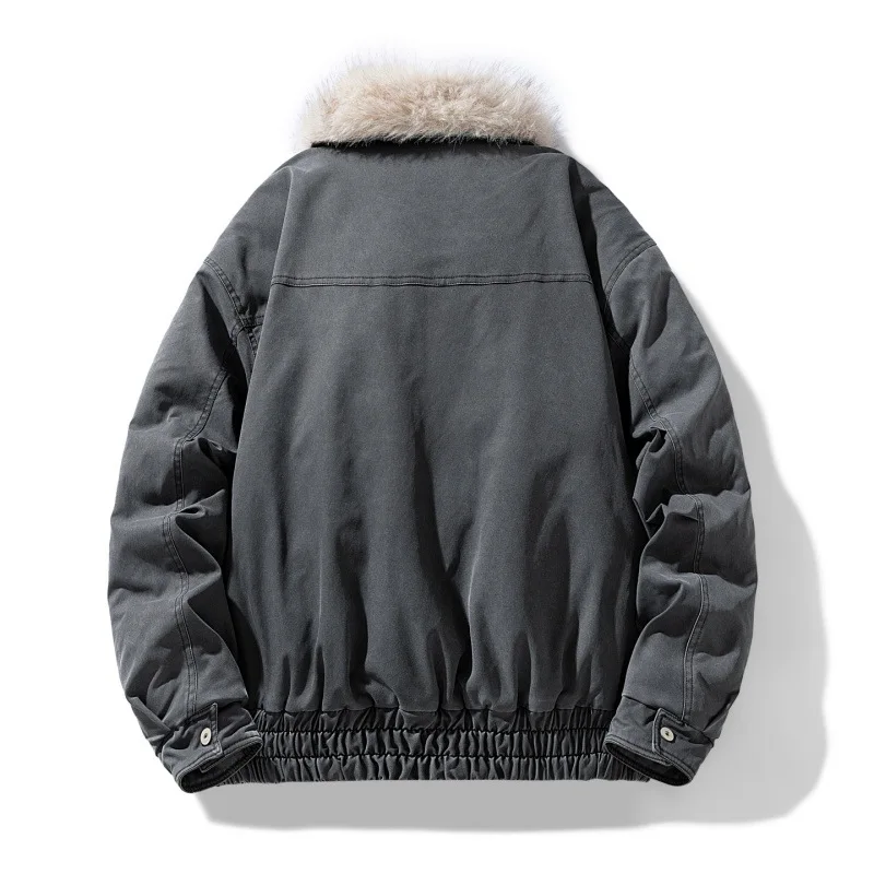 2025 Мужское пуховое пальто, зимнее винтажное пальто с длинным рукавом и карманом на молнии, мужская куртка-карго, утепленная теплая меховая куртка-стойка, свободная мужская верхняя одежда
