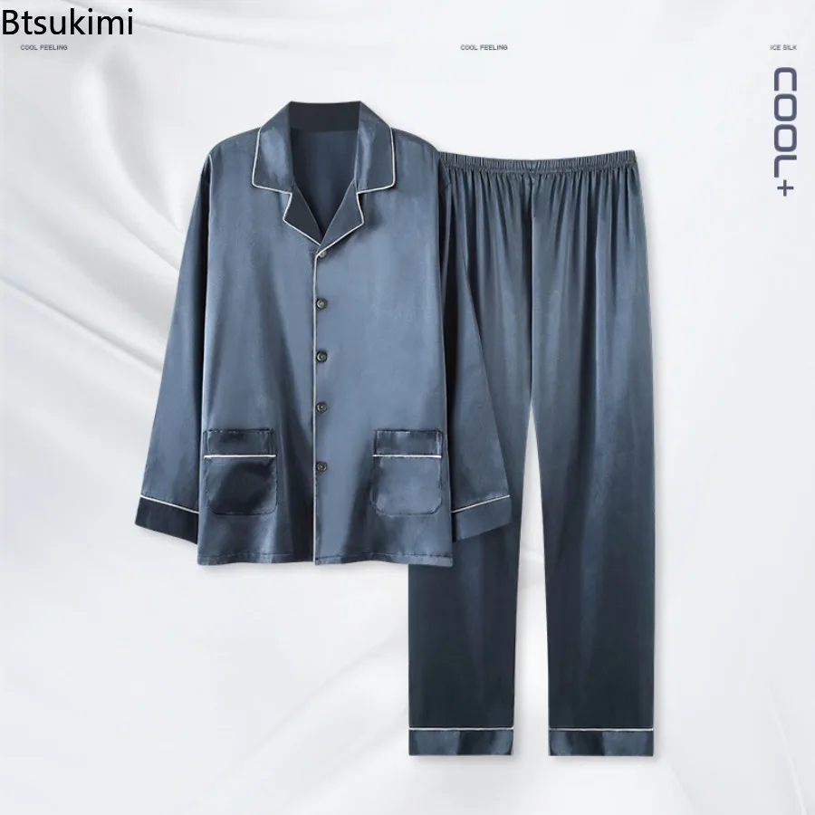 

Big Size L-4XL Men's Ice Silk Pajamas Set Spring Autumn Home Clothing Male Cardigan Nightwear Man Pijamas Pijama Hombre Summer