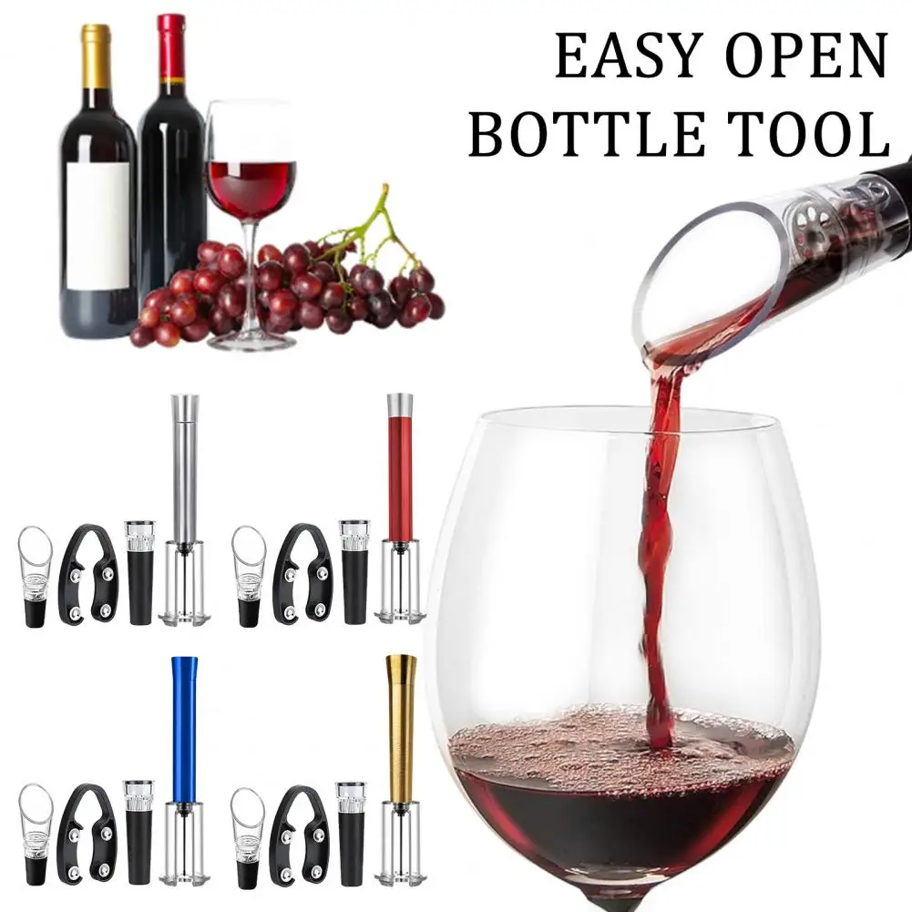Aluminum Alloy Bottle Opener 4pcs Wine Accessories Set 4-in-1 Bottle Opener with Air Pump Foil Cutter Pourer Vacuum Stopper Kit