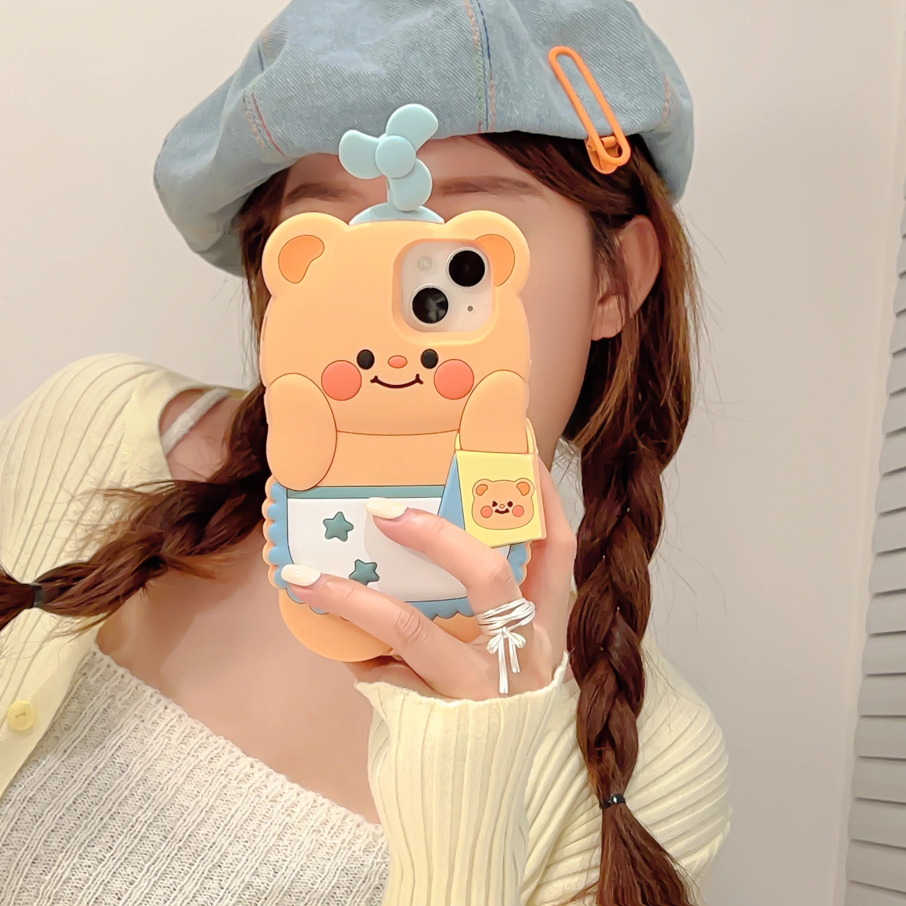 3D Cartoon Rotating Windmill Bear Phone Case for iPhone, Soft Silicone, Protective Back Cover, 13 Pro, 12, 11, 15, Pro, Max, New