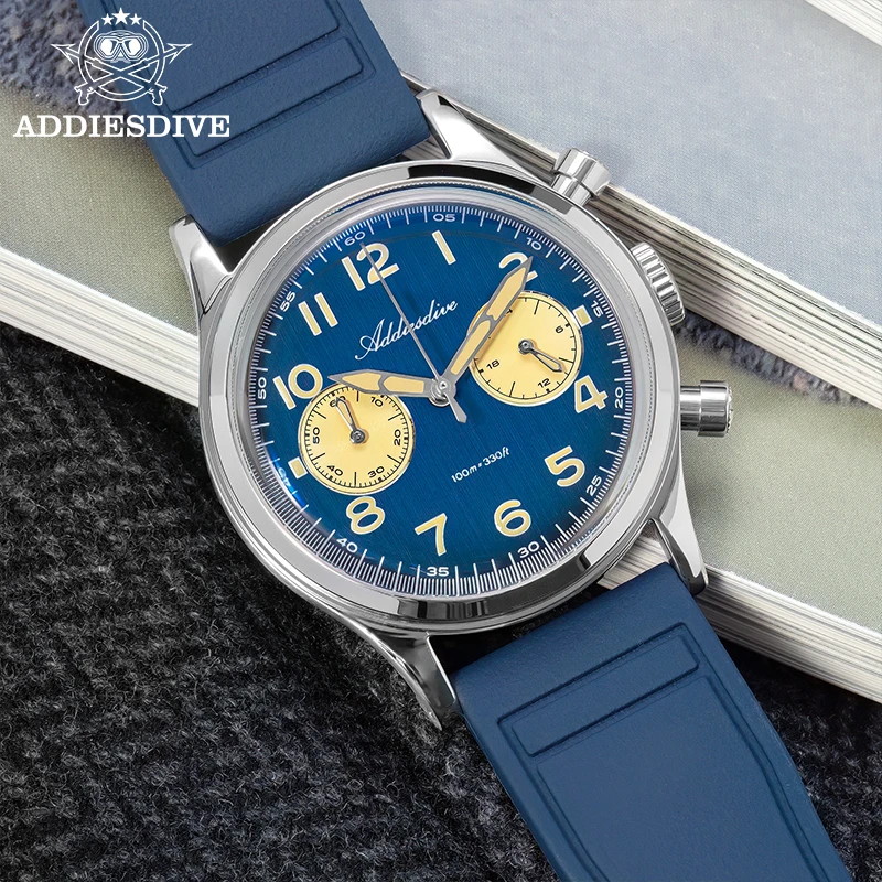 ADDIESDIVE Quartz Chronograph Man Watch 100m Waterproof Luminous 38mm Bubble Mirror Glass Rubber strap Fashion Watches For Man