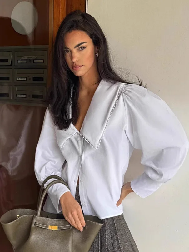 Luźna bluzka z falbankami dla kobiet, codzienna, z kołnierzykiem, długa bluzka, chińska marka, damska, premium, letnia moda.