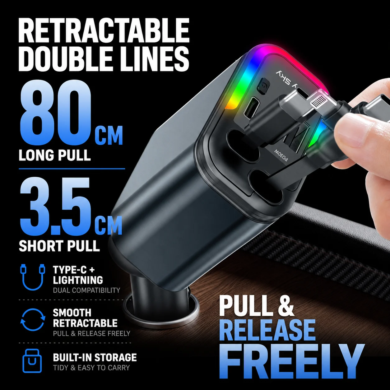 180W Retractable Car Charger 5 in 1 Dual USB C Lightning Cables PD Fast Charging 80cm RGB Starry Sky Light