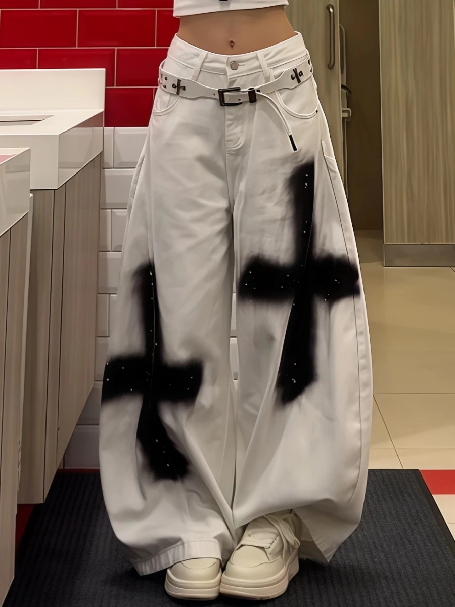 Women's Baggy Jean Goth Cross Graffiti Y2k Japanese 2000s Streetwear Dark Academia Denim Pants Y2k Long Trousers Harajuku Wide