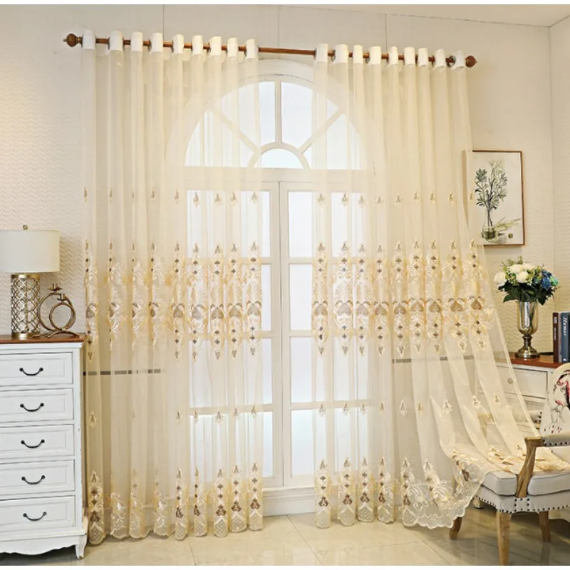 European High-end Atmospheric Beige Embroidery Four Seasons Gauze Curtains Living Room Bedroom Balcony Curtains