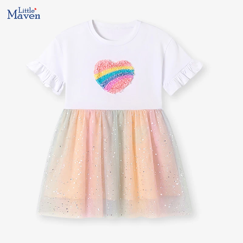 Little maven Christmas Kids Princess Clothes Baby Girls Children's Clothing Summer Rainbow Hearts Applique Girls Mesh Dresses