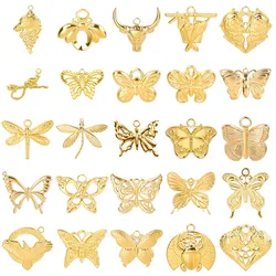 6pcs Gold Plated Butterfly Charms For Jewelry Making Bulk Stainless Steel Pendants Animal Dragonfly Cattle Peacock DIY Connector