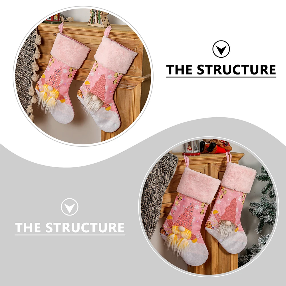 

2pcs Large Glowing Christmas Stockings Pink Luminous Socks Decor for Tree Wall Fireplace Home Party Kids Gift for Christmas