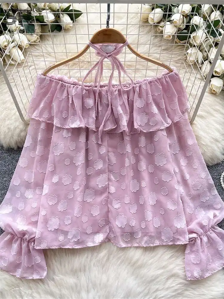 BabYoung Women Ruffle Loose Shirts Off Shoulder Flare Sleeve Temperament Blouse Fashion Wszechstronne letnie topy z haftem kwiatowym