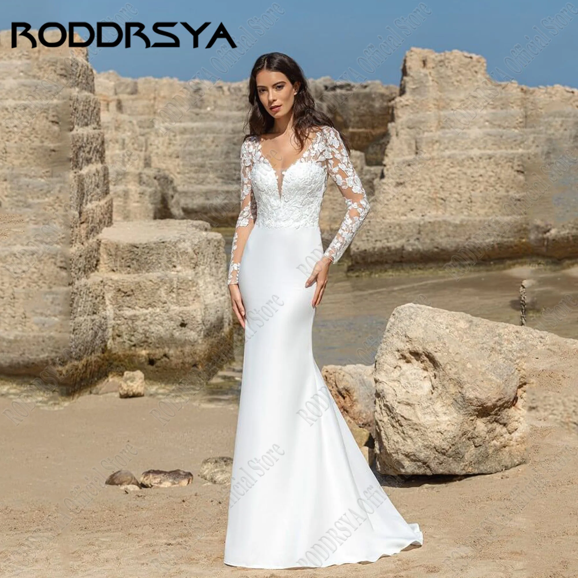 

RODDRSYA Backless Beach Wedding Gowns Long Sleeves V-Neck Satin Mermaid Bridal Gown Applique Lace Elegant Bride Dress For Women