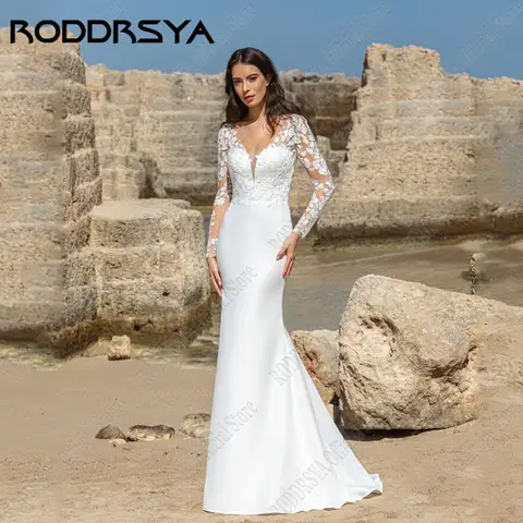 RODDRSYA Backless Beach Wedding Gowns Long Sleeves V-Neck Satin Mermaid Bridal Gown Applique Lace Elegant Bride Dress For Women