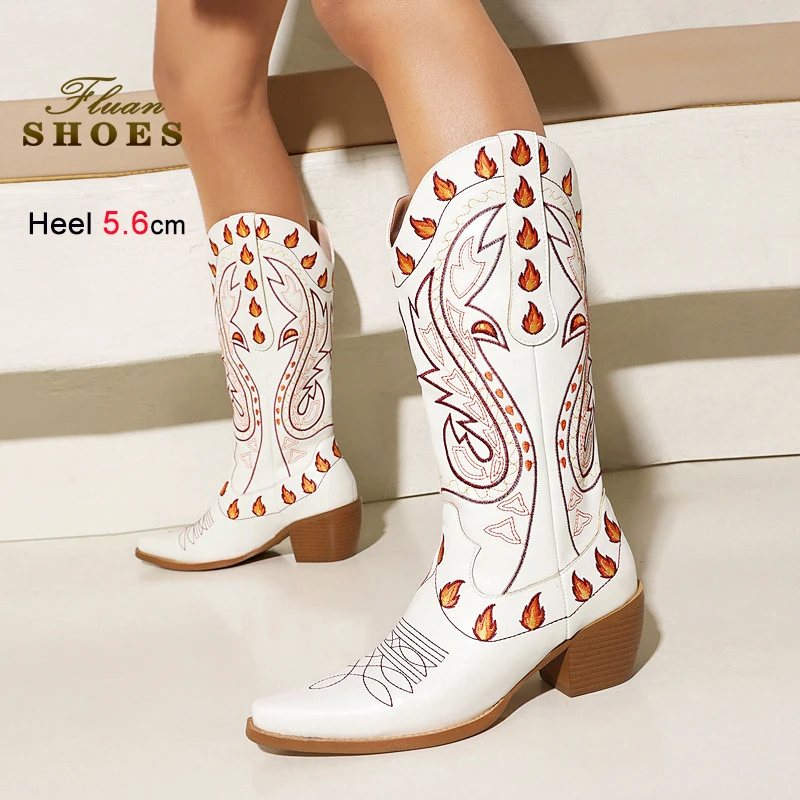 

Western Style Cowboy Knight Boots 5.6CM Block Heel Fashion Embroidered Women Long Boots Pointed Autumn Winter Retro White Shoes