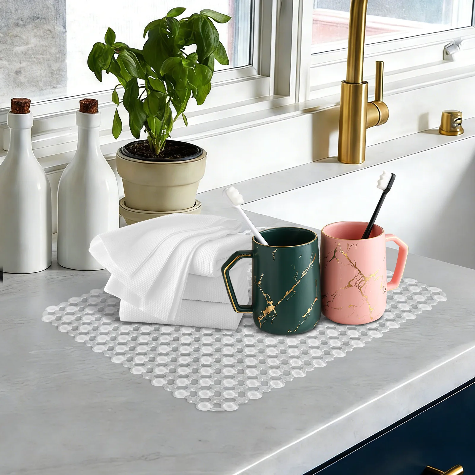 Kitchen Sink Mat Dish Drying Mat Rectangular Sink Protector 15.75 x 11.81 inch Non-Slip Rectangular Dishwashing Draining Pad