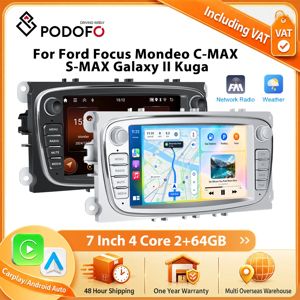 Podofo 7-calowe radio samochodowe do Forda Focusa, Mondeo, C-MAX, S-MAX, Galaxy II, Kuga z bezprzewodowym CarPlay, Android Auto, multimedialnym systemem stereo, WIFI, nawigacją GPS, FM/RDS, BT, 2din,