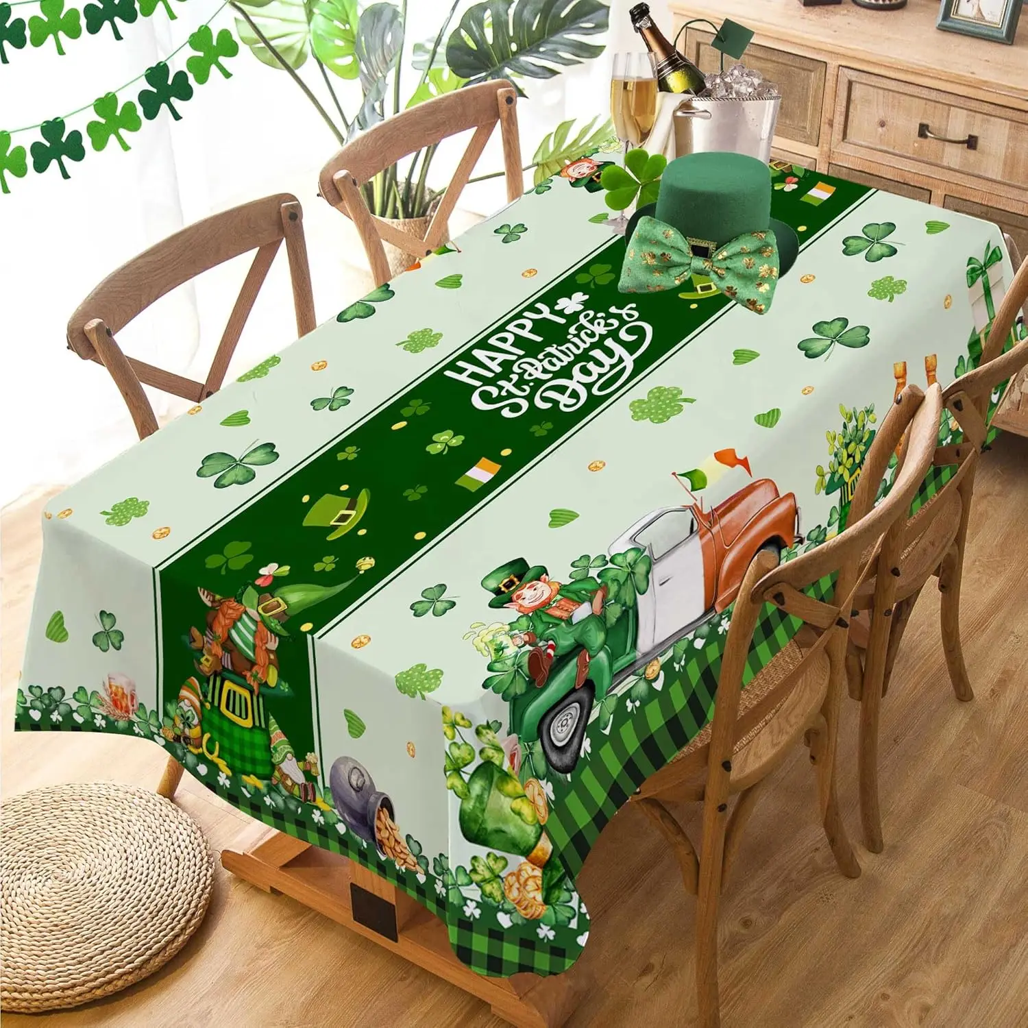 Happy St. Patrick's Day Shamrock Truck Green Leprechaun Tablecloth Party Decor Lucky Clover Waterproof Table Cloth Table Decor