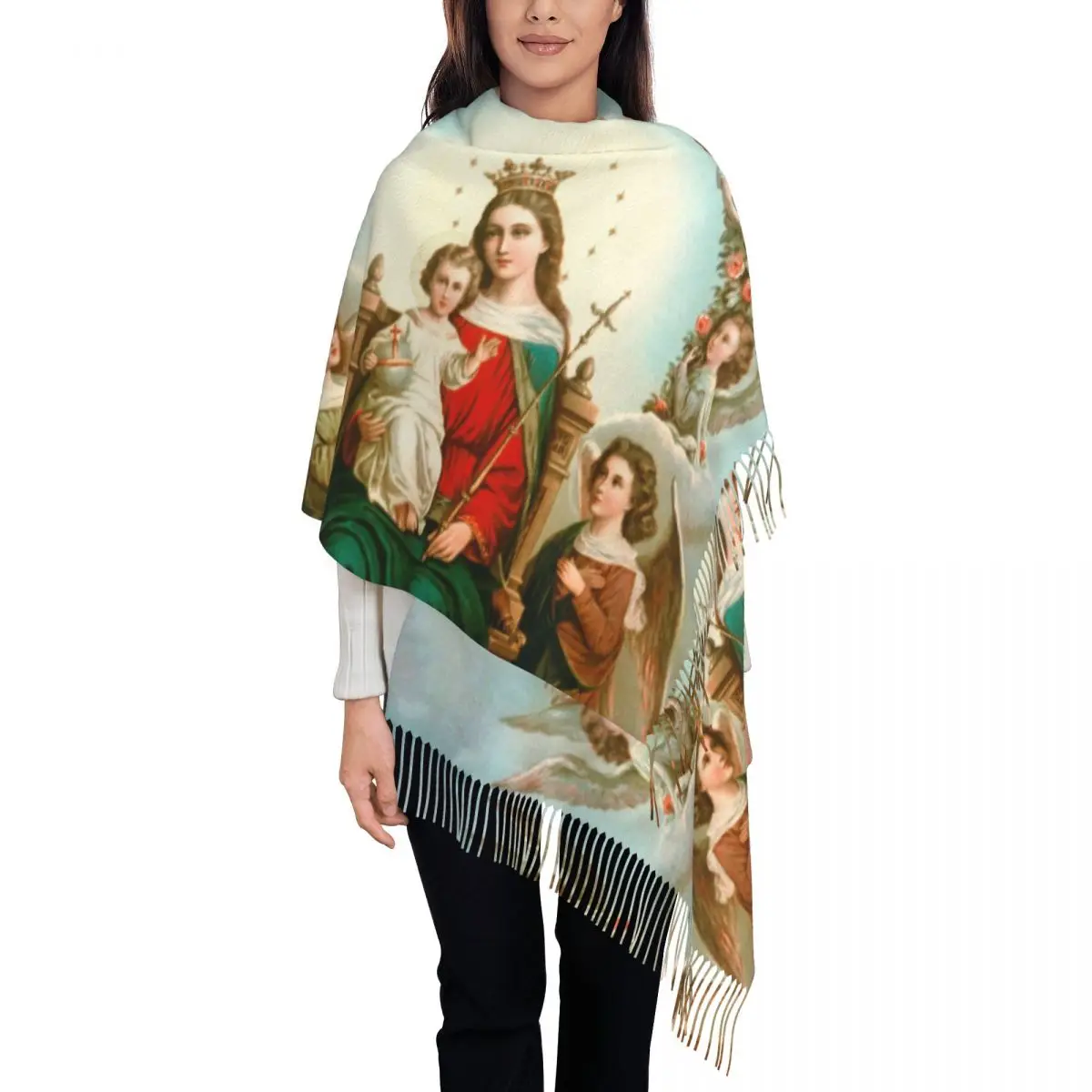 Custom Virgin Mary Scarf Women Men Fashion Winter Shawl Wraps Catholic Christian Tassel Wraps