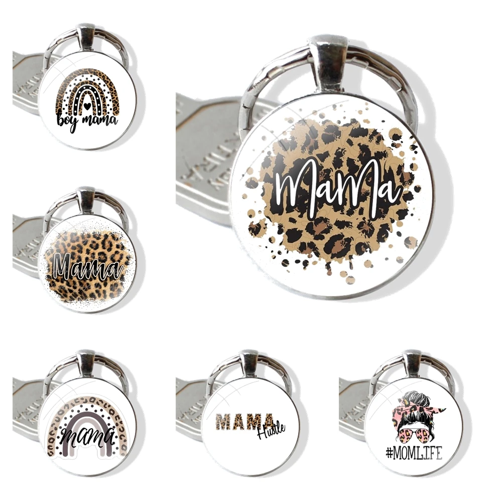 Keychain Handmade Glass Cabochon Key Ring Holder Pendant Key Chains Leopard MAMA Mom Letters Love Mama Girl