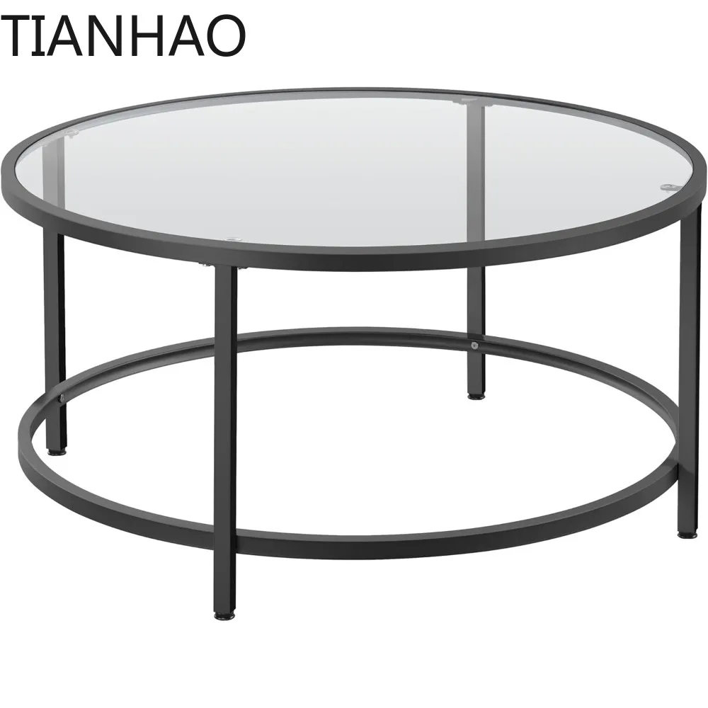 36 Round Glass Coffee Table, Black Circle Coffee Table Center Table with Glass Top, Small Coffee Table for Living Room
