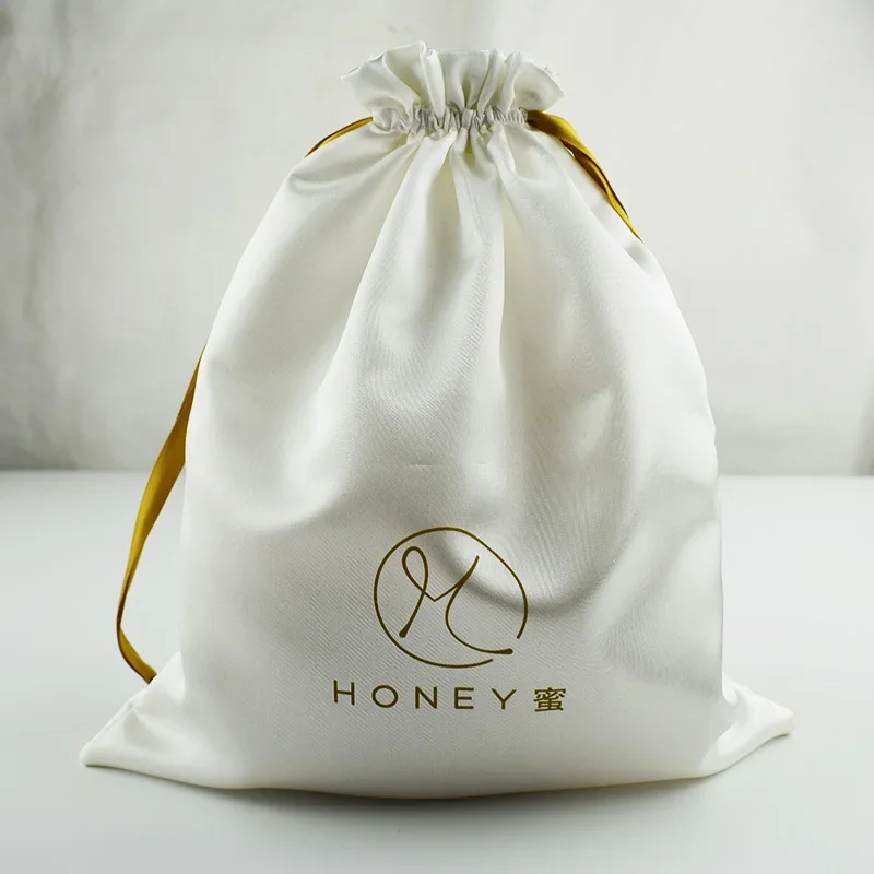 

Luxury Virgin Hair Bags Packaging Wigs Satin Pouch Makeup Cosmetic Wedding Party Drawstring Pouch Silk Storage Bag Sachet Print