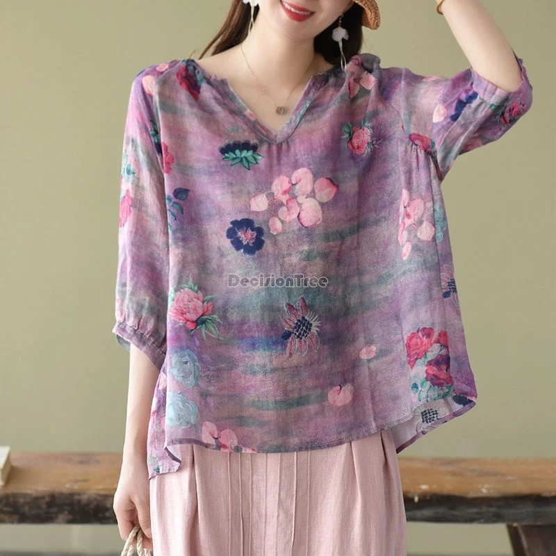 

2024 vintage chinese style colorful versatile cotton linen top elegant gorgeous printing blouse loose thin cool sunscreen top