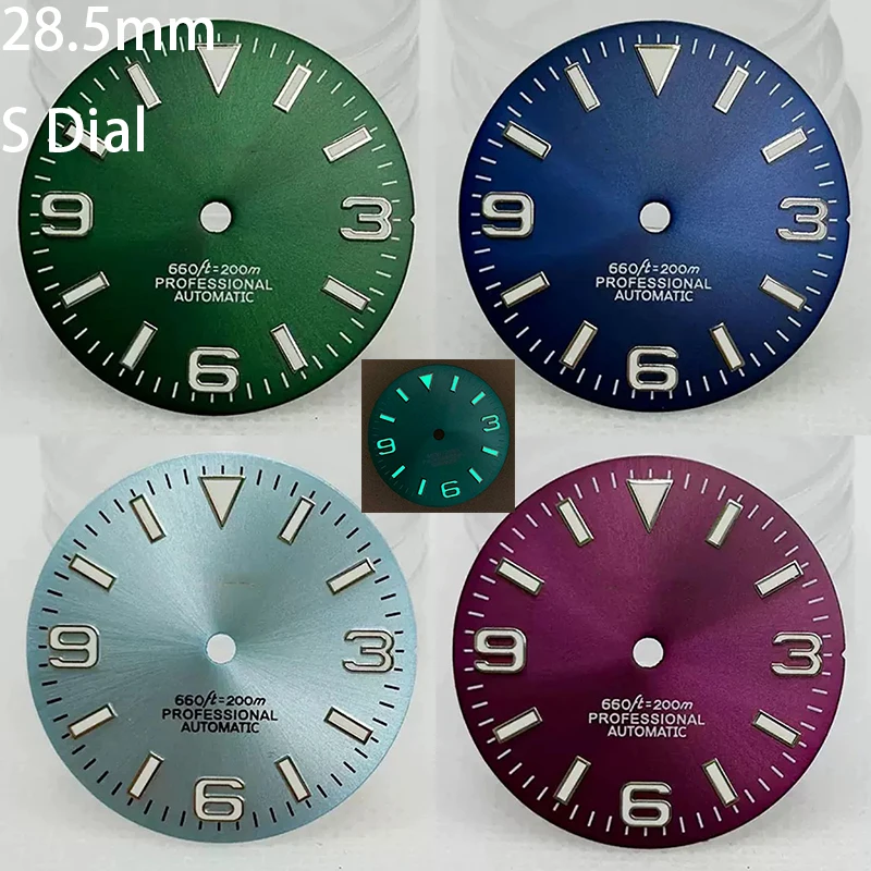 

Циферблат часов NH35 S 28,5 мм SunBurst 3, 6, 8, зеленый светящийся циферблат для часов NH35/NH36, модифицированный ремонт механизма