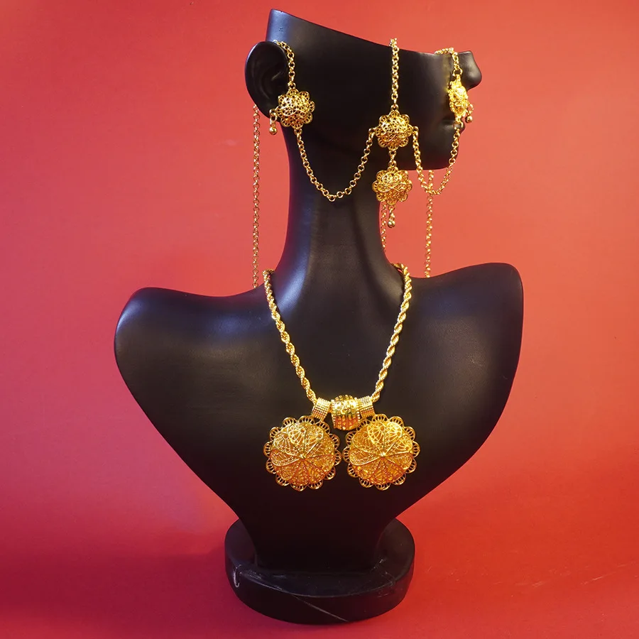 9999 gold Middle East jewelry set - necklace, earrings, ring, hairpin, forehead chain, bracelet