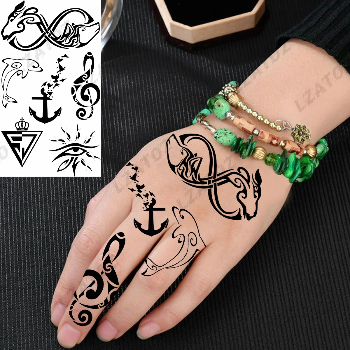 Tatouage temporaire noir pour femme et homme, symbole infini, ancre de baleine, mauvais œil, petit autocollant, étanche
