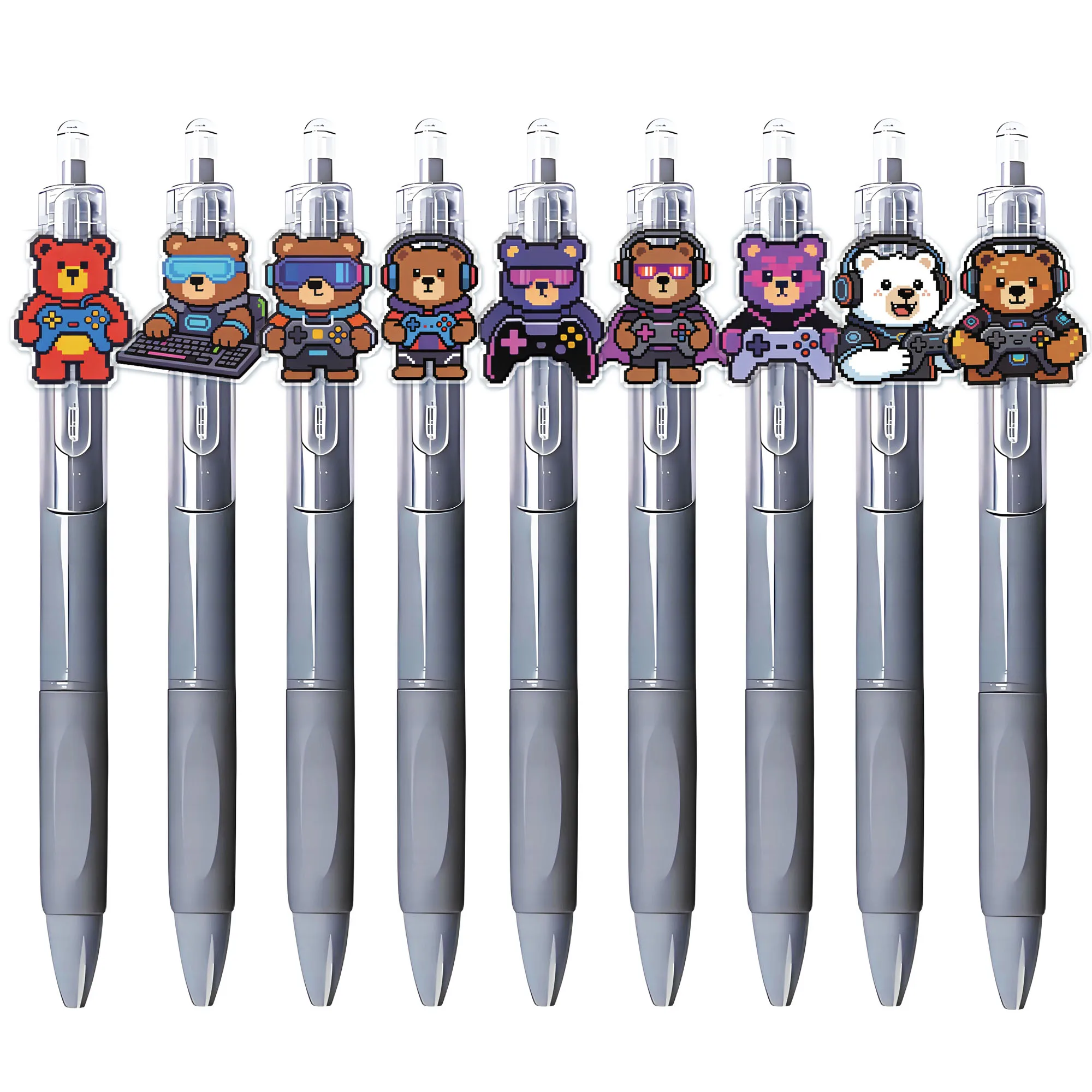 

9pcs Pixel Style Esports Cool Bear Theme Ballpoint Pen Grey Pen Holder Student Writing Gift Pen for the New Year