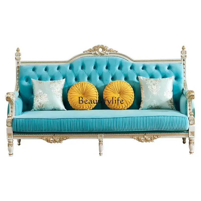 

European sofa, American luxury solid wood carving flower gold French leather sofa