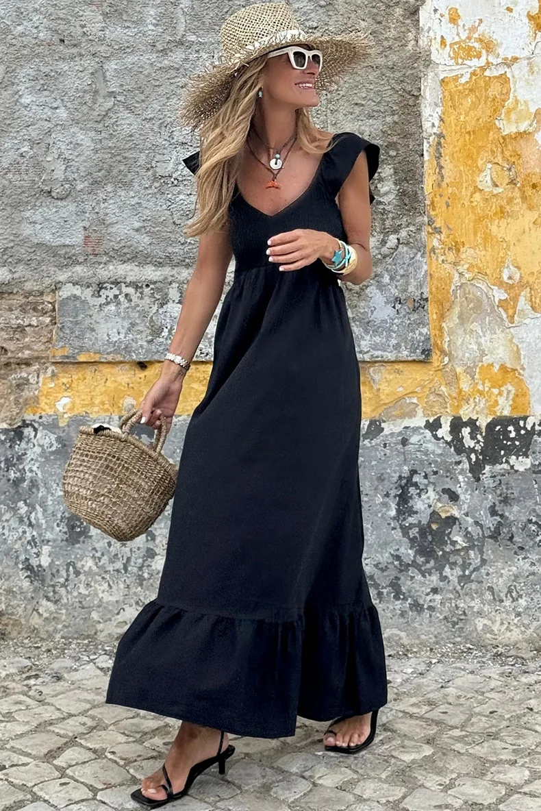 

A-line Vacation Long Dress Cotton Blend 2025 New V-neck Sleeveless Summer Dress Elastic Waist Fashion 2025 New Dresses Vestidos