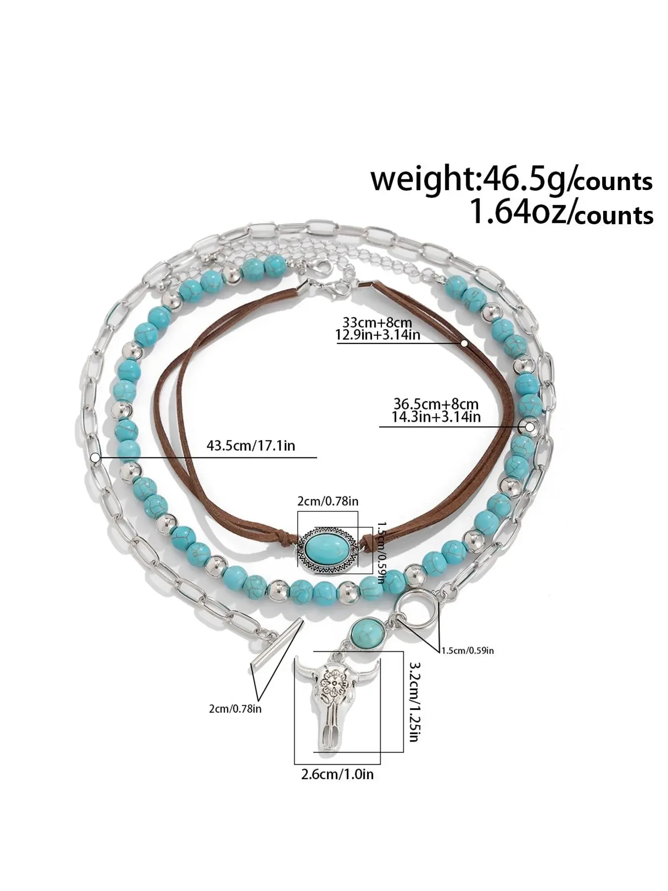 3-Piece Spring Summer Western Style Turquoise Layered Necklace, Unique Bohemian Boho Style Beaded Chic Cowboy Collar Chain, Fashionable Jewelry Set, Alloy Necklace