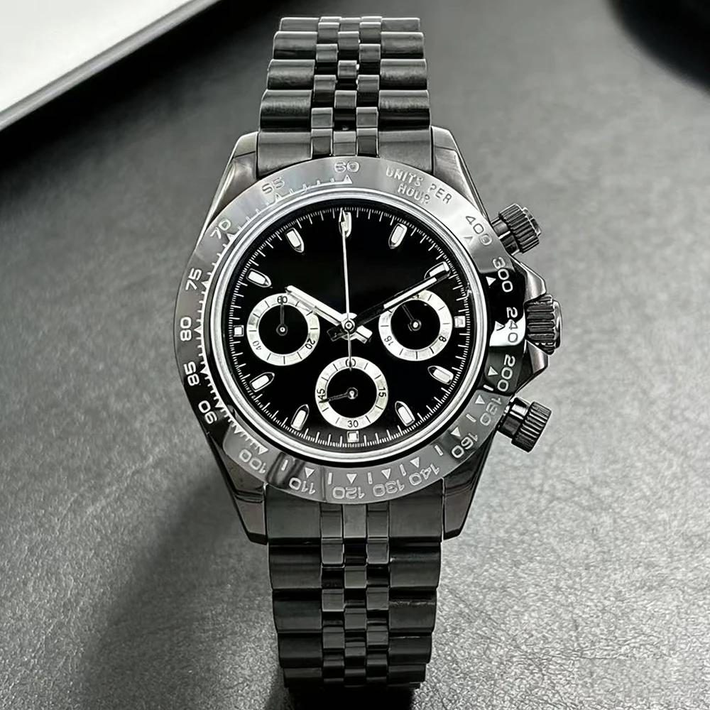 Luxurious VK63 quartz movement watch,featuring sapphire glass,stainless steel case and strap, and a panda-style dial chronograph