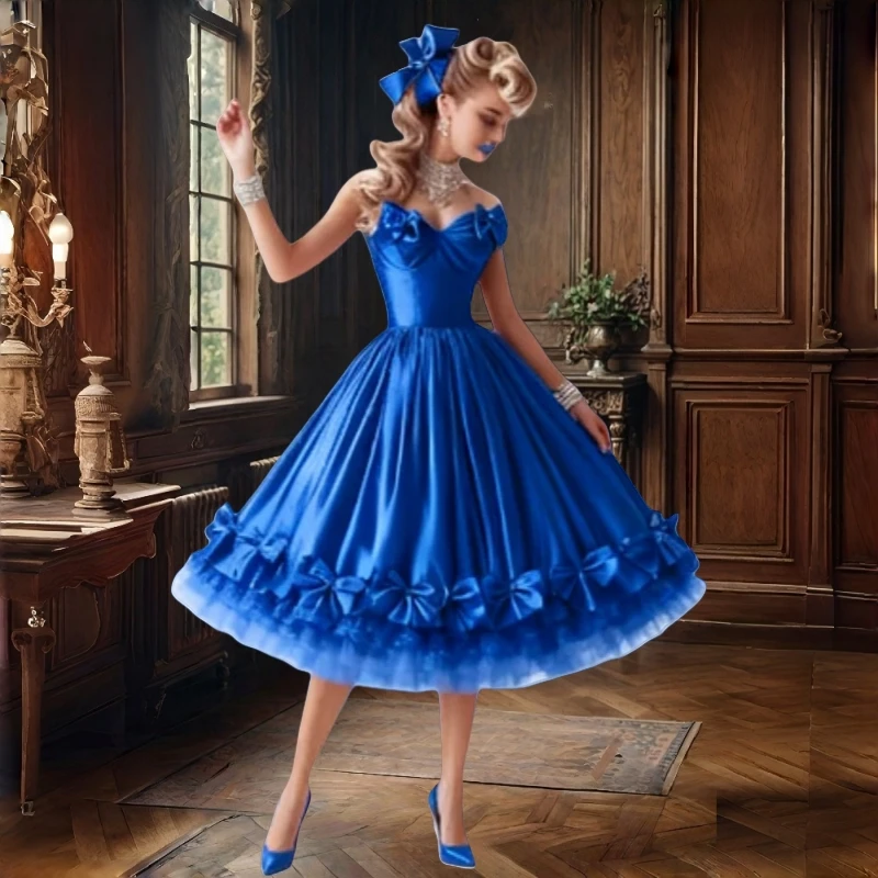 ชุดราตรีสีน้ำเงินยาวถึงเข่า โบว์หวาน ผ้าซาติน ชุดราตรีหรูหรา แขนกุด ชุดงานเลี้ยงวันเกิด ชุดรับปริญญา แบบสั่งตัด