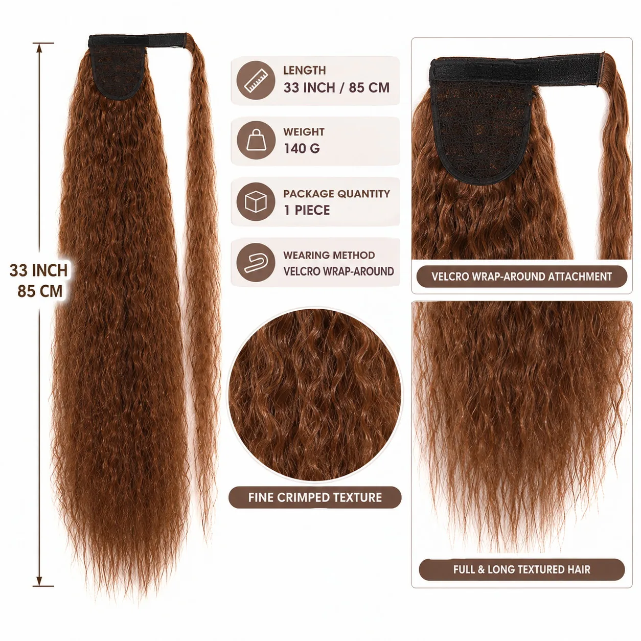 33 Inch Extra Long Crimped Ponytail Extension Velcro Wrap Around Synthetic Hairpiece Voluminous Textured Long Ponytail for Women