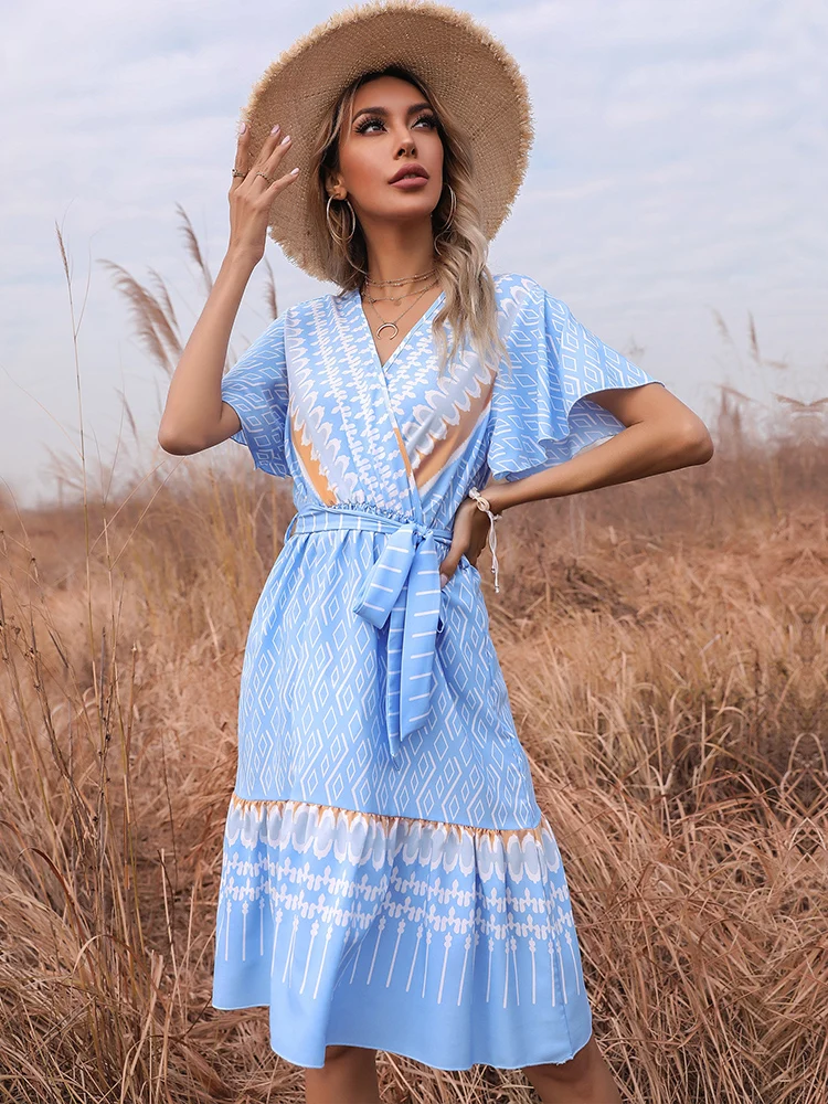 JIM & NORA Summer Beach Women scollo a V stampato floreale Boho Vestidos Mini Dress Wrap abiti Casual prendisole