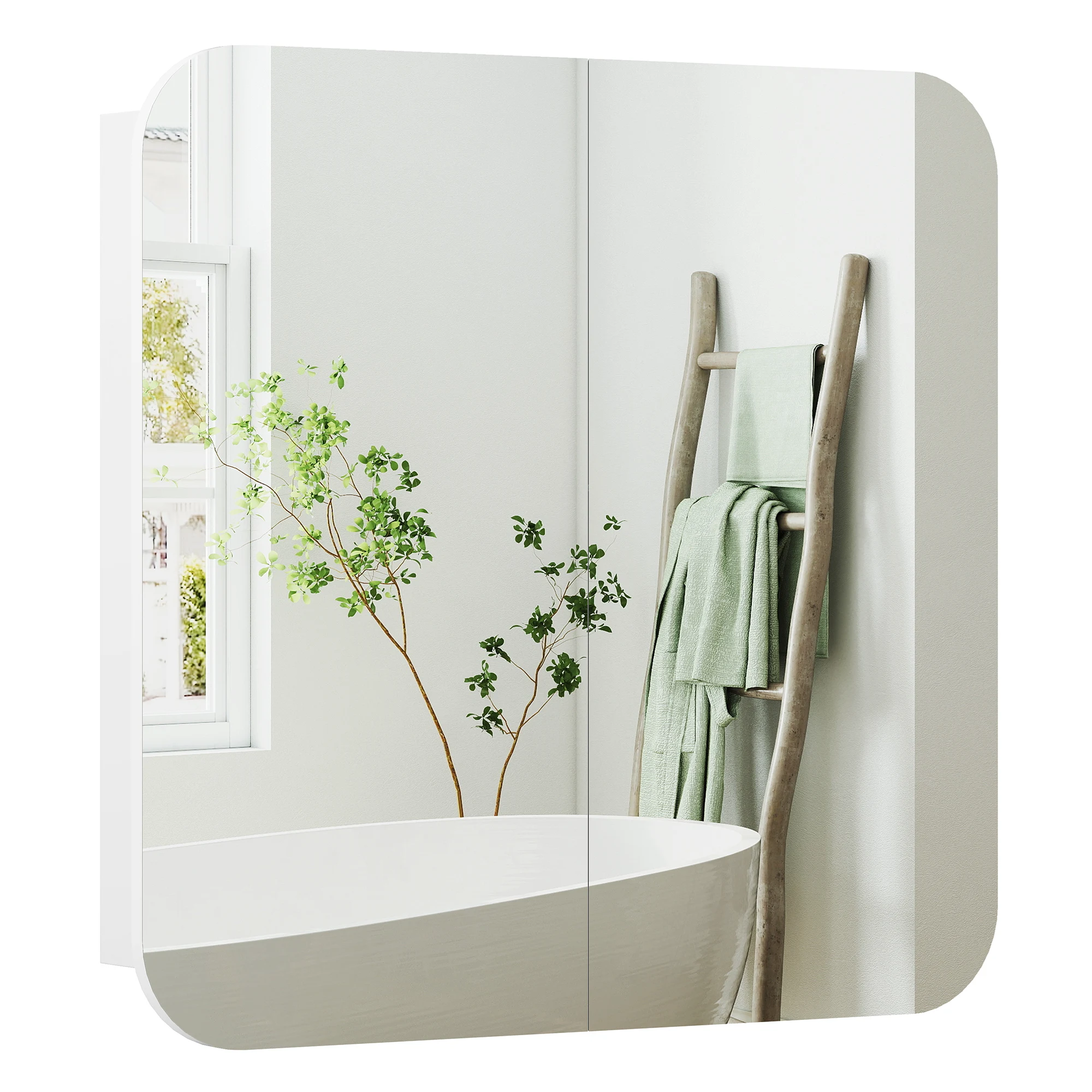 Homcom Meuble de salle de bain avec design miroir avec bords incurvés 2 portes étagères réglables 68X13X66 cm Blanc