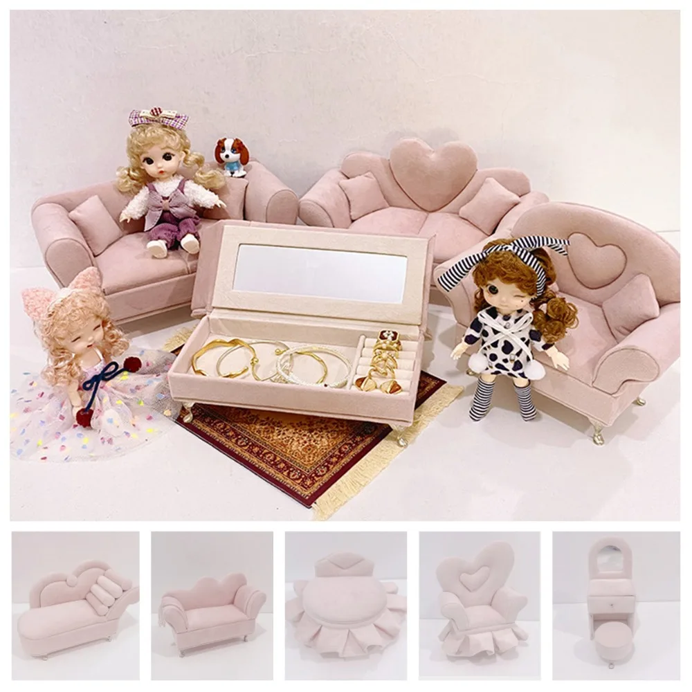 Dutch Velvet Sofa Shaped Jewelry Box Elegant Pink Mini Couch Earrings Ring Display Stand Bracelet with Mirror House Furniture